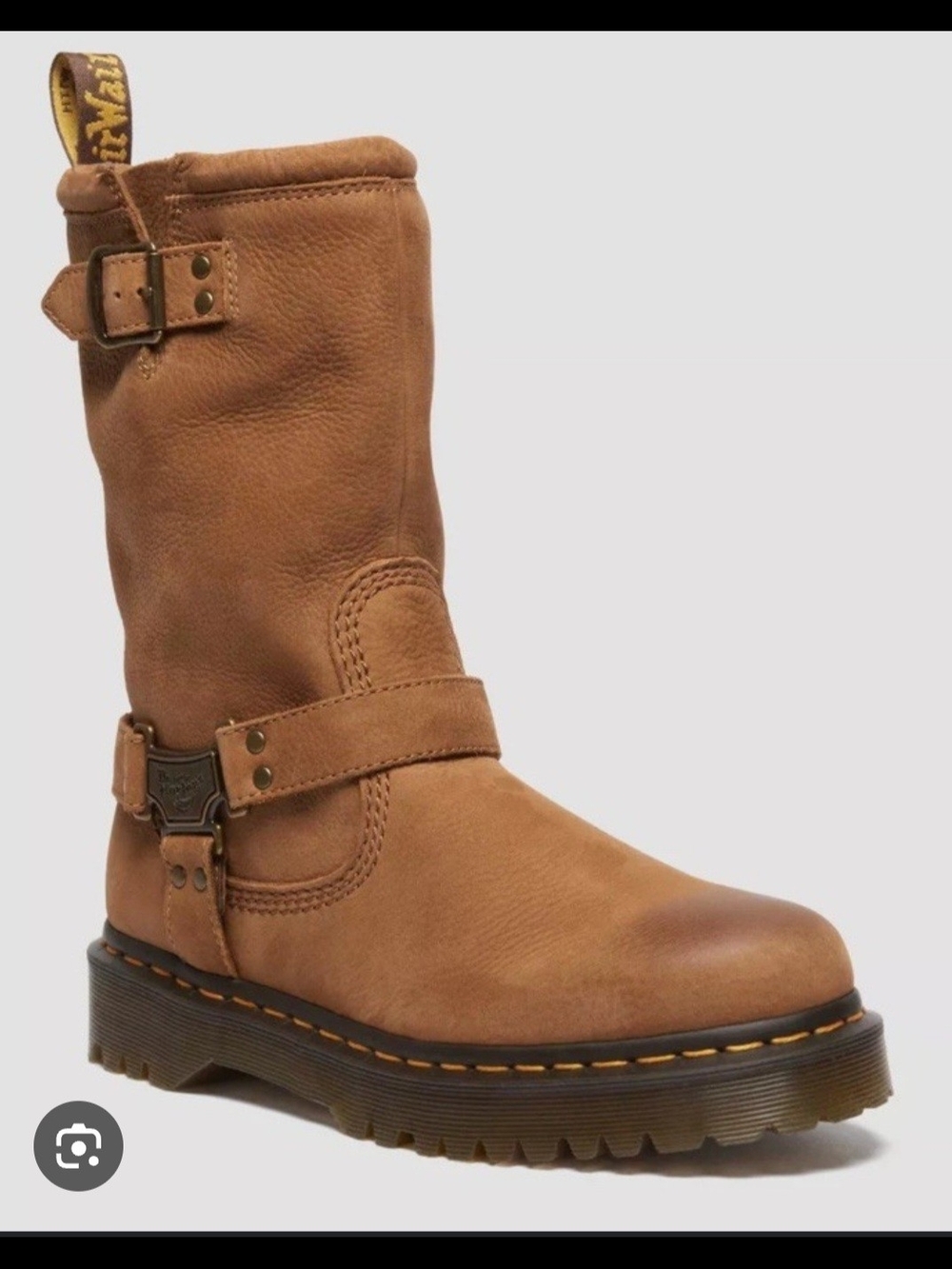 Dr. Martens Tan Leather Harness Boot with Yellow Stitching